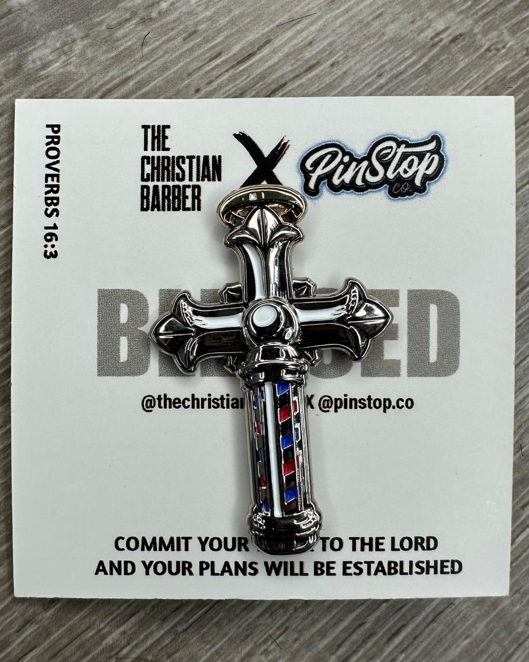 The Christian Barber x PinStop Co. Enamel Pin – Cross & Barber Pole Collab