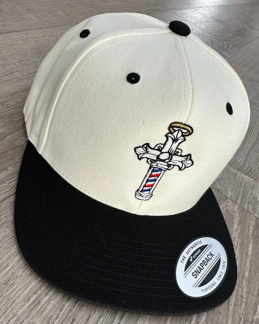 The Christian Barber Cross Logo Snapback Hat – Black & Cream Faith-Based Cap